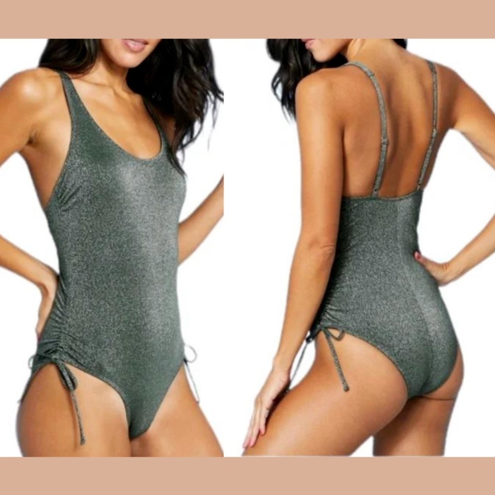 NWT $32 Xhilaration Metallic‎ Side-Cinch One Piece Swimsuit Green [ XS/00 ]